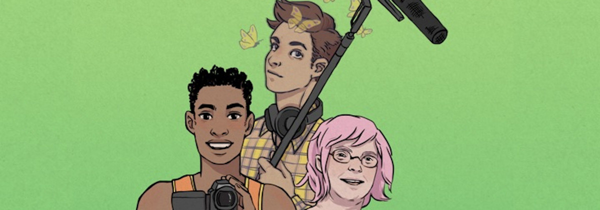 Das Bild zeigt drei Personen mit Kamera und Mikrofon im Comic-Stil. Der Hintergrund ist grün.