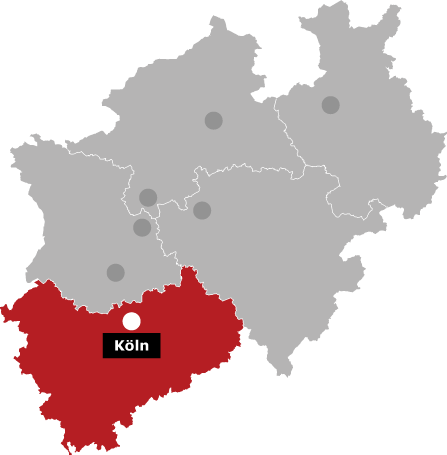 Karte des Bundeslandes Nordrhein-Westfalen. Hervorgehoben ist der Regierungsbezirk Köln. Die Stadt Köln ist durch einen Punkt markiert.