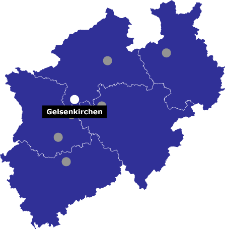 Karte des Bundeslandes Nordrhein-Westfalen. Hervorgehoben ist das gesamte Bundesland. Die Stadt Gelsenkirchen ist durch einen Punkt markiert.