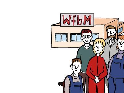 Zeichnung mit Mitarbeiter:innen vor einer WfbM