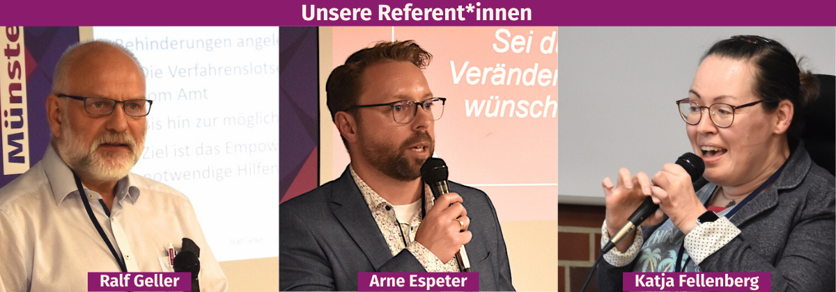 Eine Collage der Referenten und der Referentin aus drei Fotos. Das Foto links zeigt Ralf Geller. Das Foto in der Mitte zeigt Arne Espeter. Das Foto links zeigt Katja Fellenberg.