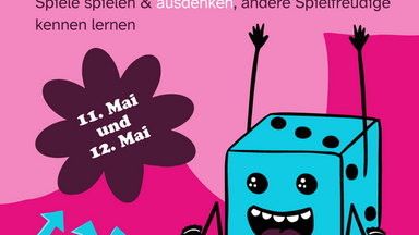 Ein Würfel mit Gesicht, Armen und Beinen freut sich auf den Spiele-Workshop.