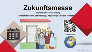 EIne Gruppe Personen steht vor einem Haus. Umrahmt werden sie von weiteren Infos zur Zukunftsmesse, u.a. ein QR Code