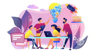 4 grafisch erstellte Personen, die über ein Thema diskutieren.