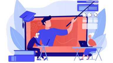 Grafik mit Laptop und einem Dozenten, der Teilnehmenden einen Sachverhalt schildert.