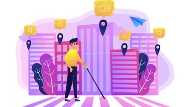 Grafische Darstellung eines Mannes mit Langstock auf einem Zebrastreifen.