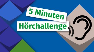 Piktogramm eine Ohres mit Schallwellen. Daneben der Text "Fünf Minuten Hörchallenge".