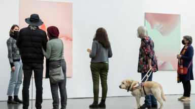 Mehrere Personen (u.a. mit Blindenhund) betrachten ein Bild.