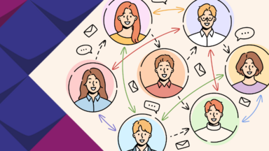Symboldbild für Netzwerktreffen: sieben gezeichnete Personen werden durch Pfeile zu einem Netz miteinander verbunden