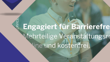 Weiblich gelesene Person im Rollstuhl. Darüber der Text: Engagiert für Barrierefreheit. Veranstaltungsreihe. Online und Kostenfrei.
