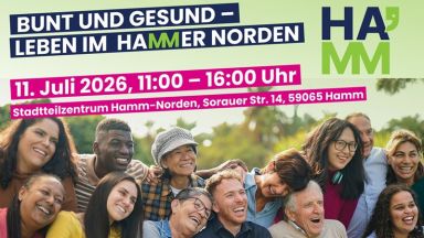 Plakatausschnitt Veranstaltung Bunt und gesund him Hammer Norden. Eine vielfältige Gruppe Menschen posiert für ein gemeinsames Foto und lacht. Die Veranstaltung findet am 11. Juli von 11 bis 16 Uhr im Staddteilzentrum Hamm-Norden statt.