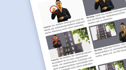 Doppelseite der Checkliste zur Erstellung von DGS-Videos im Anschnitt. Zu sehen sind Beispielbilder mit guten und schlechten Beispielen.