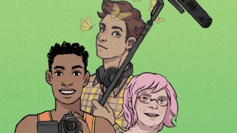 Das Bild zeigt drei Personen mit Kamera und Mikrofon im Comic-Stil. Der Hintergrund ist grün.