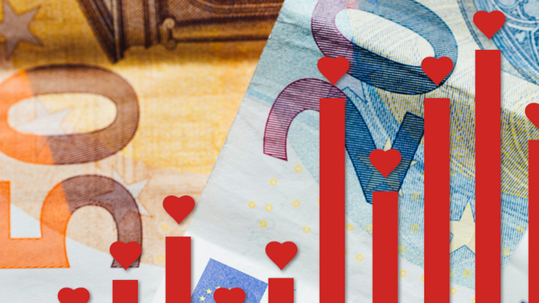 Geldscheine hinter einem Diagramm mit Herzen