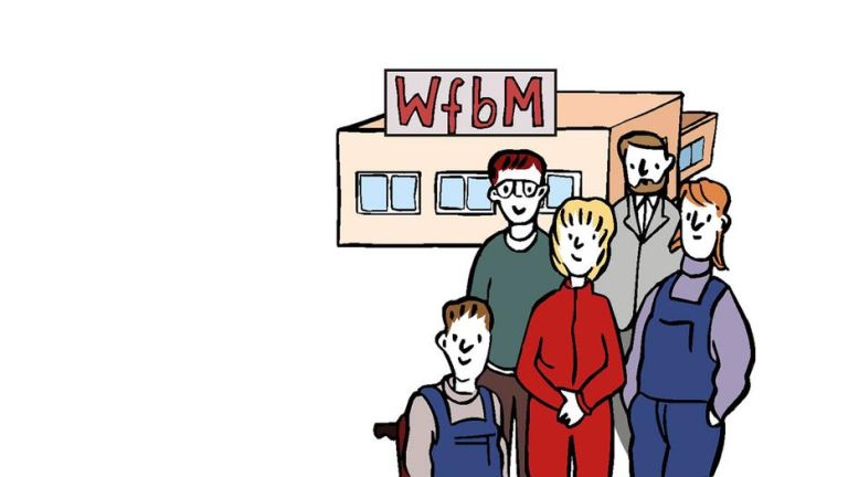 Zeichnung mit Mitarbeiter:innen vor einer WfbM