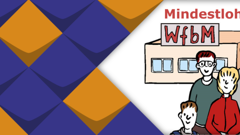 gezeichnetes Bild mit Menschen vor einer Werkstatt für behinderte Menschen